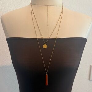Gold Layered Necklace with Orange Pendant Bar